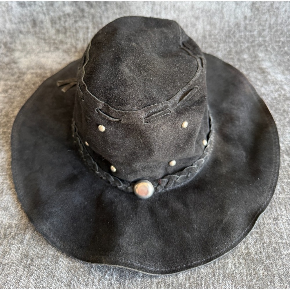 Mens Sz Small Floppy Western Leather Suede Hat Black Bucket Cowboy